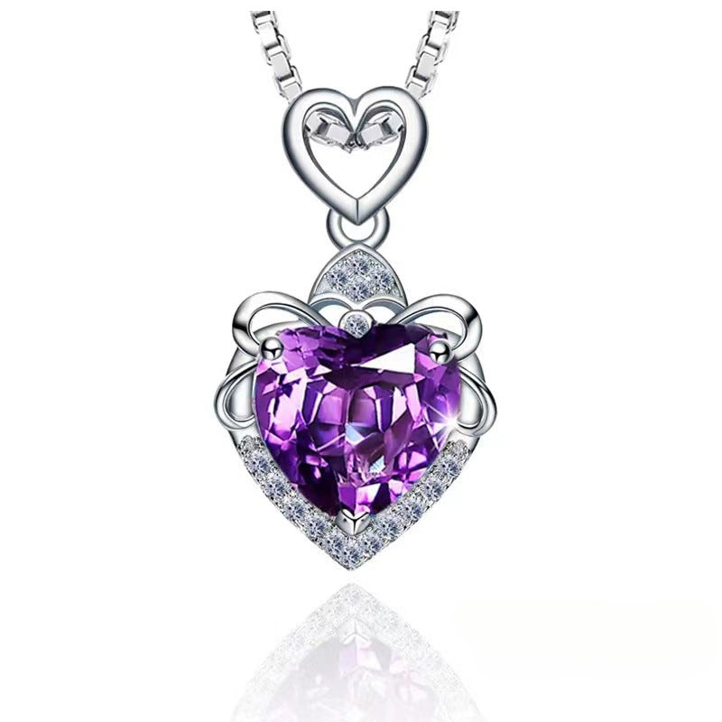 Heart of The Ocean Topaz Purple Blue Crystal Necklace Heart Shaped Clavicular Chain for Women