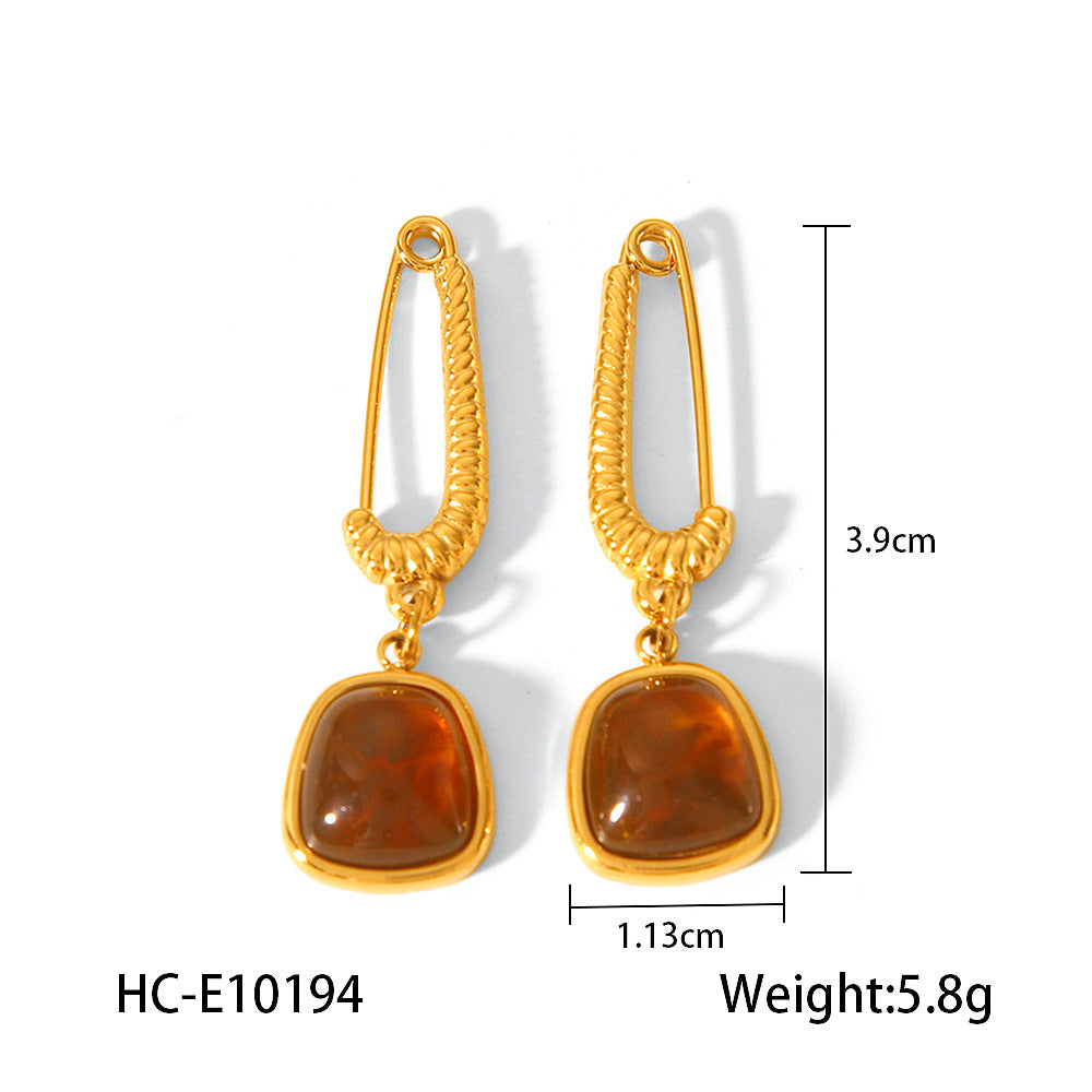 French Retro Style Natural Stone Earrings 18k Gold Stainless Steel Earrings for Women, Fashionable Temperament, High-end Feeling, Titanium Steel Earrings