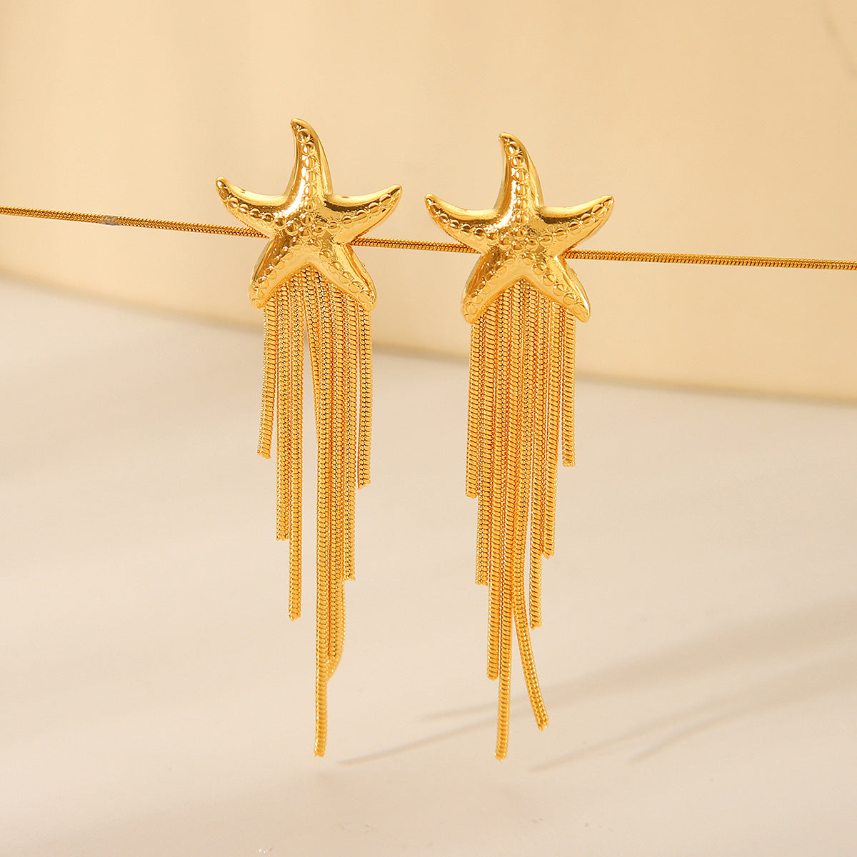 18k Gold Stainless Steel Starfish Earrings with Chain and Tassel, Fashionable and Versatile Titanium Steel Earrings