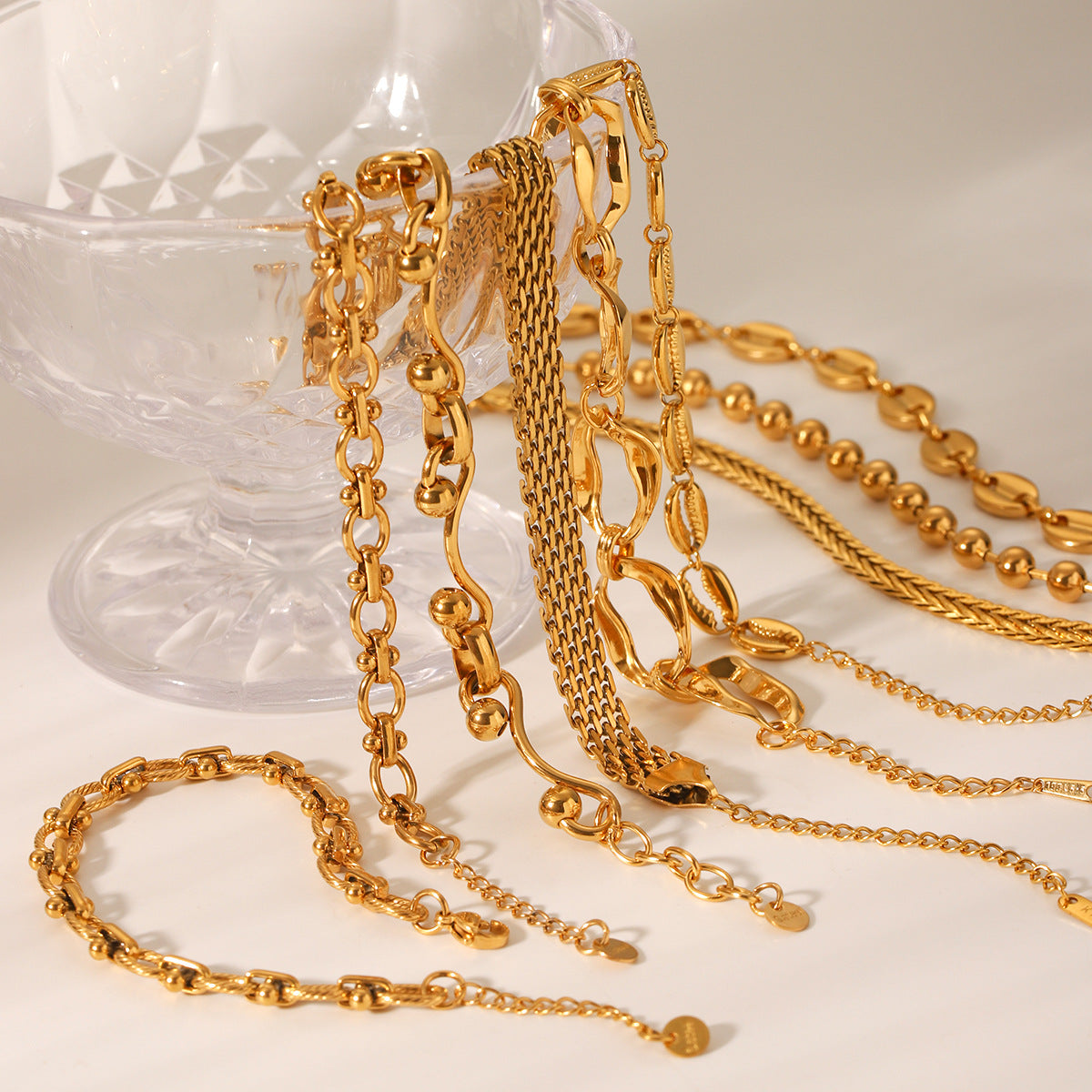 18K gold-plated stainless steel bracelet for women, INS style, fashionable round bead chain, handmade jewelry