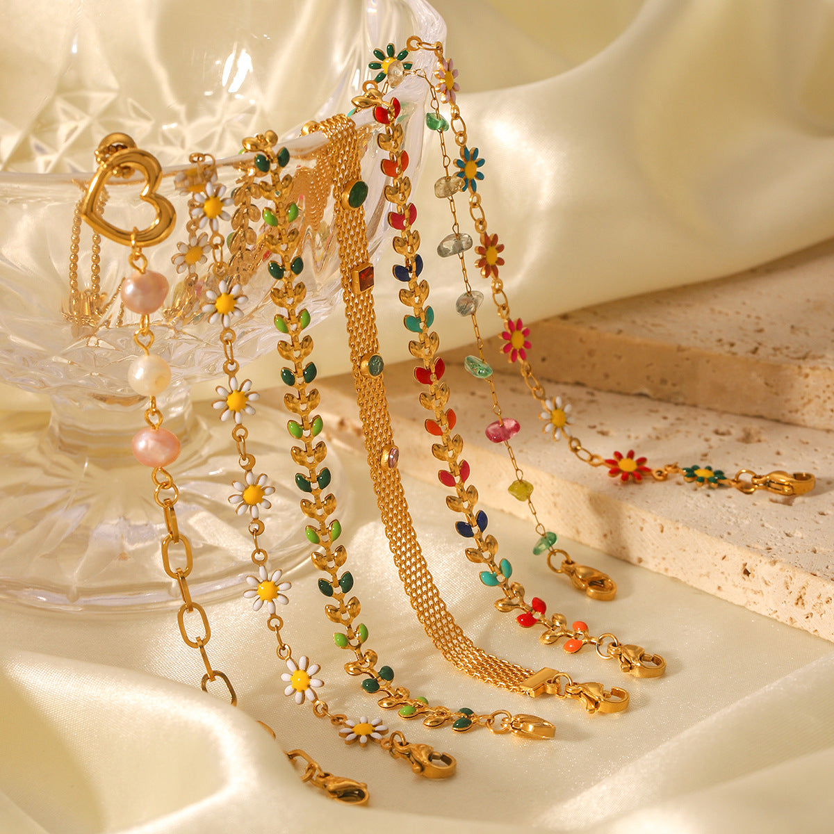 Bohemian-style Stainless Steel Bracelet with Oil-dripped Colored Zircon Hand Jewelry for Women, Non-fading Jewelry