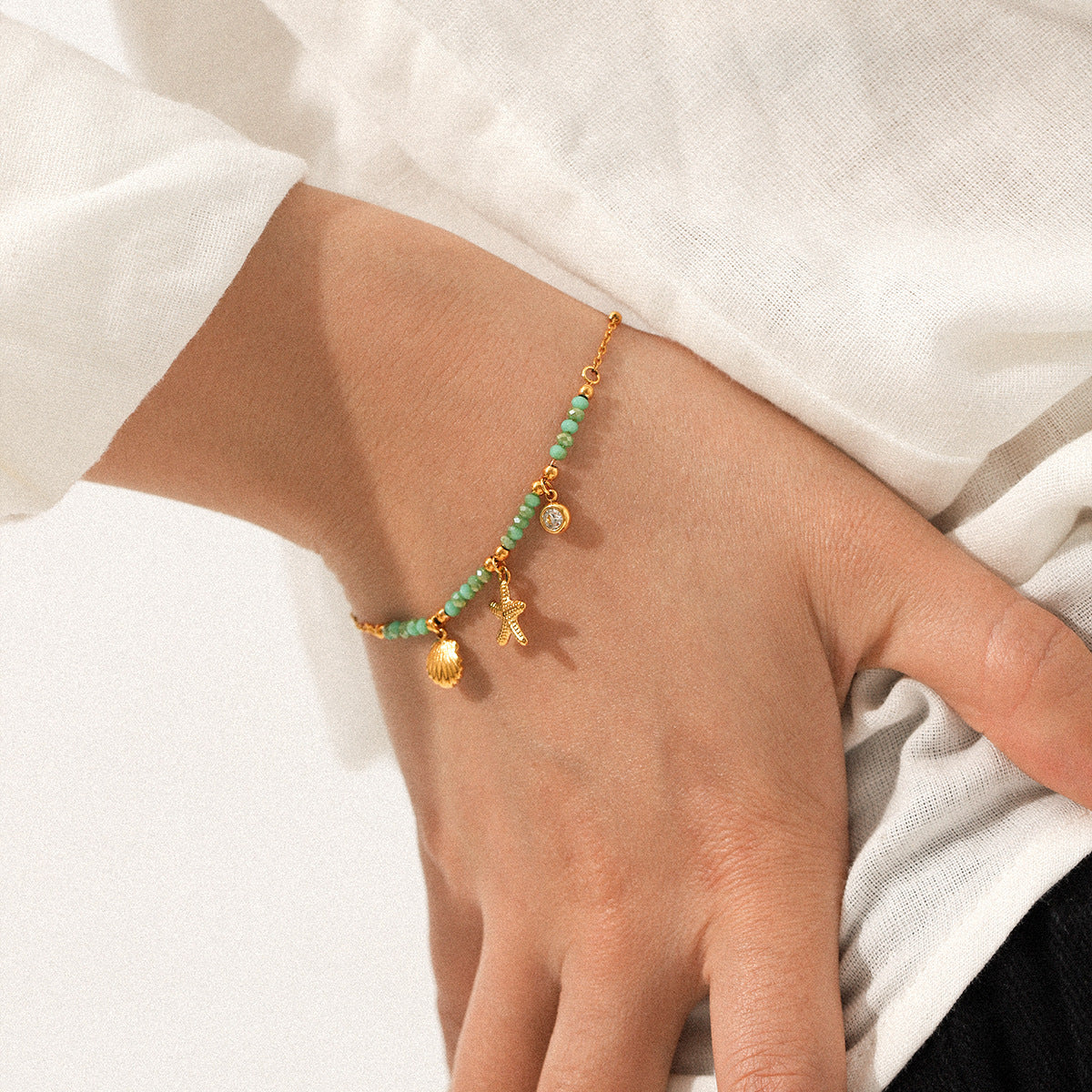 18K Gold Stainless Steel Seashell Starfish Bead Clasp Natural Stone Bracelet, Ocean Vacation Style Jewelry, Titanium Steel Bracelet