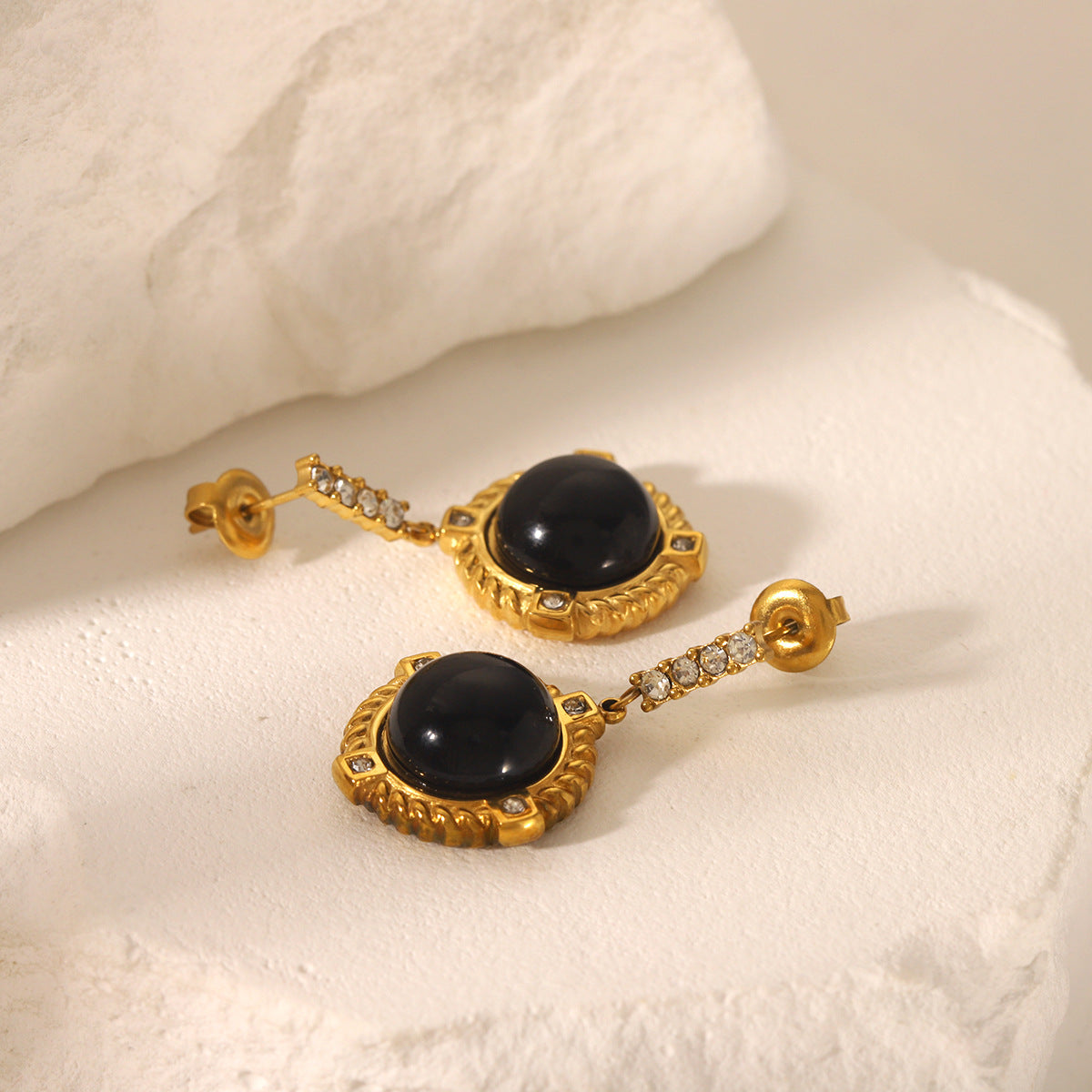French Retro Style Obsidian 18k Gold Stainless Steel Earrings with Diamond Studded Earrings, Stylish and Elegant Earrings for Women