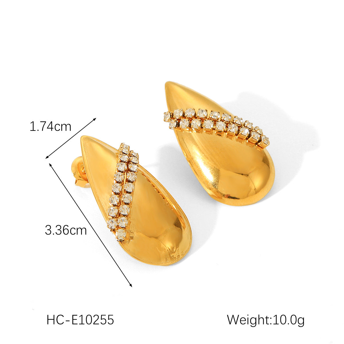Marine titanium steel earrings, 18k gold-plated stainless steel scallop earrings, women's fashion diamond-encrusted earrings