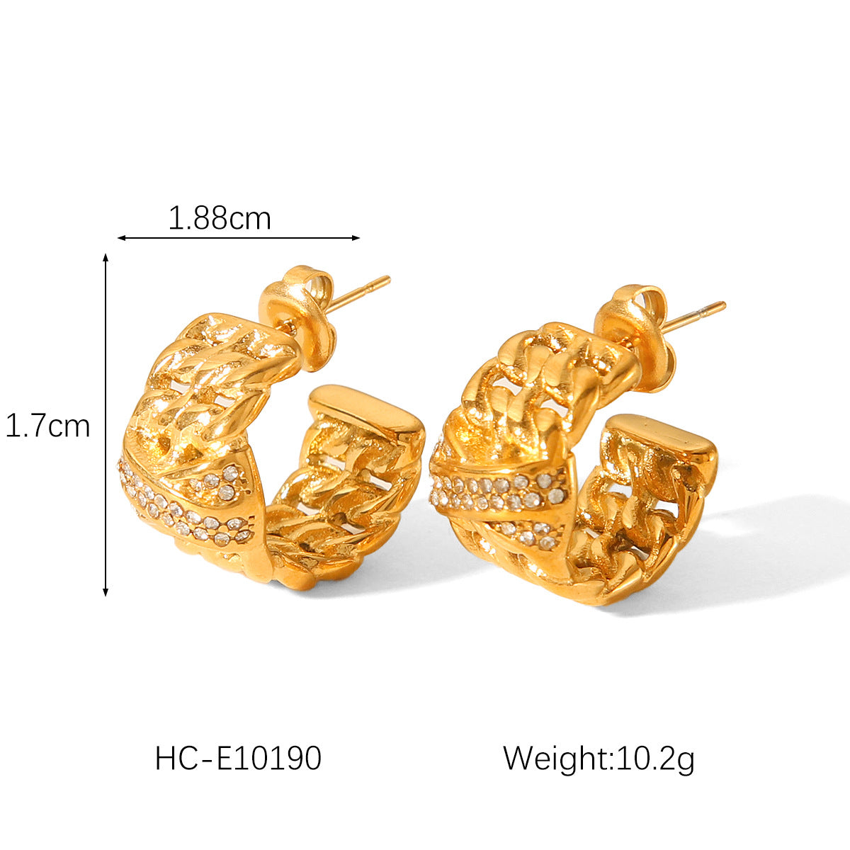 18k Gold Stainless Steel Earrings with Multi-layer Chain Splicing and Diamond Studded Design, C-shaped Titanium Steel Earrings