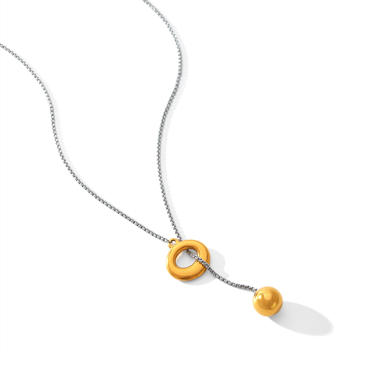 Gold and Silver Color-blocked Stainless Steel Ring Buckle Spherical Pendant Necklace for Women, Niche Design, Titanium Steel Sweater Chain Necklace Accessory
