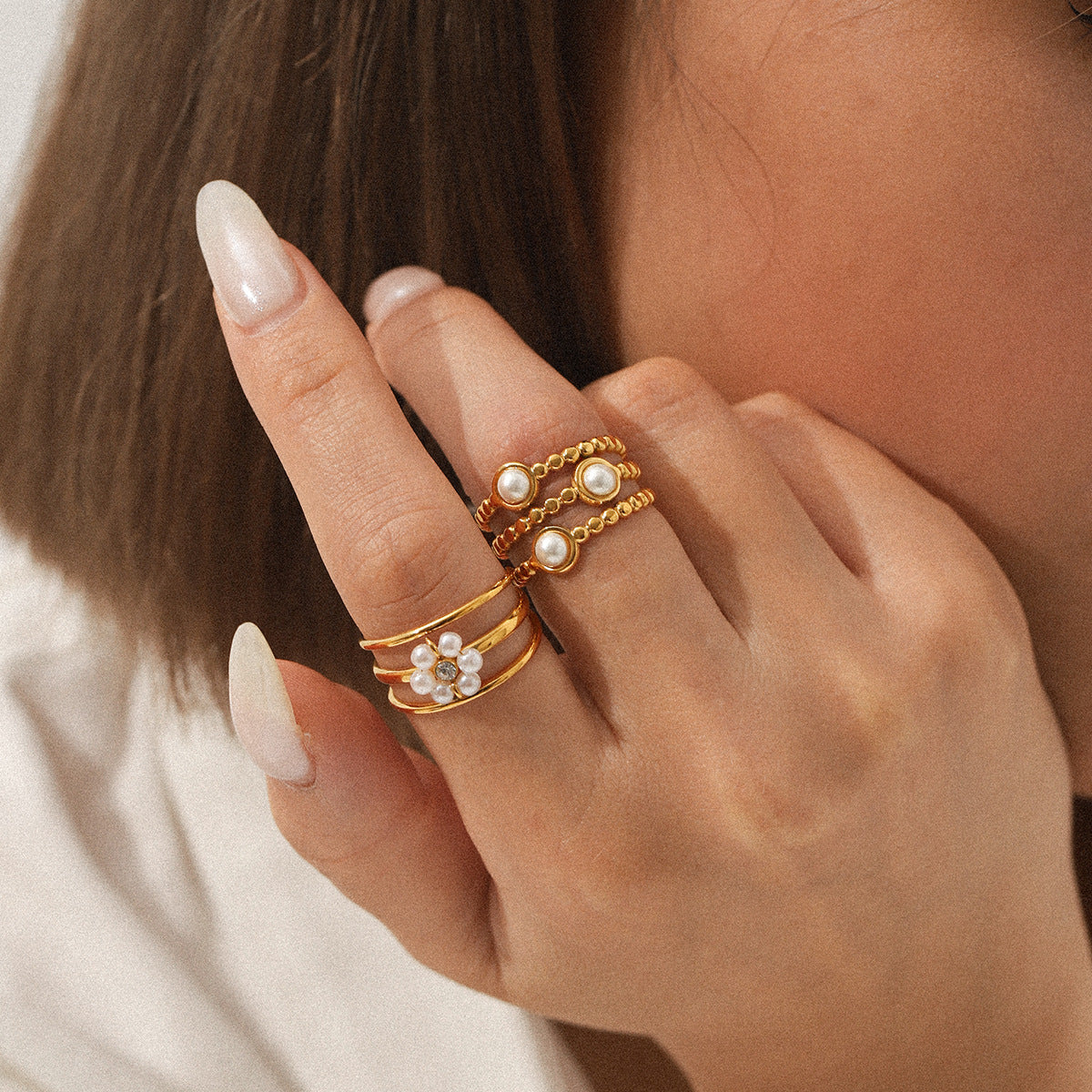 Design sense three-layer stainless steel open ring flower pearl finger ring female non-fading titanium steel jewelry