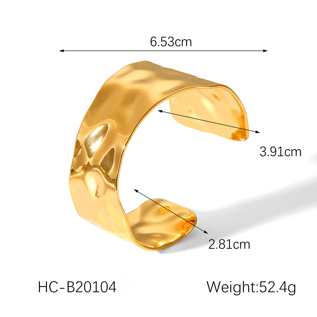 Exaggerated Titanium Steel Bracelet Design, 18K Gold Asymmetric Opening, Hammered Pattern, Wide Bracelet, Stainless Steel Jewelry