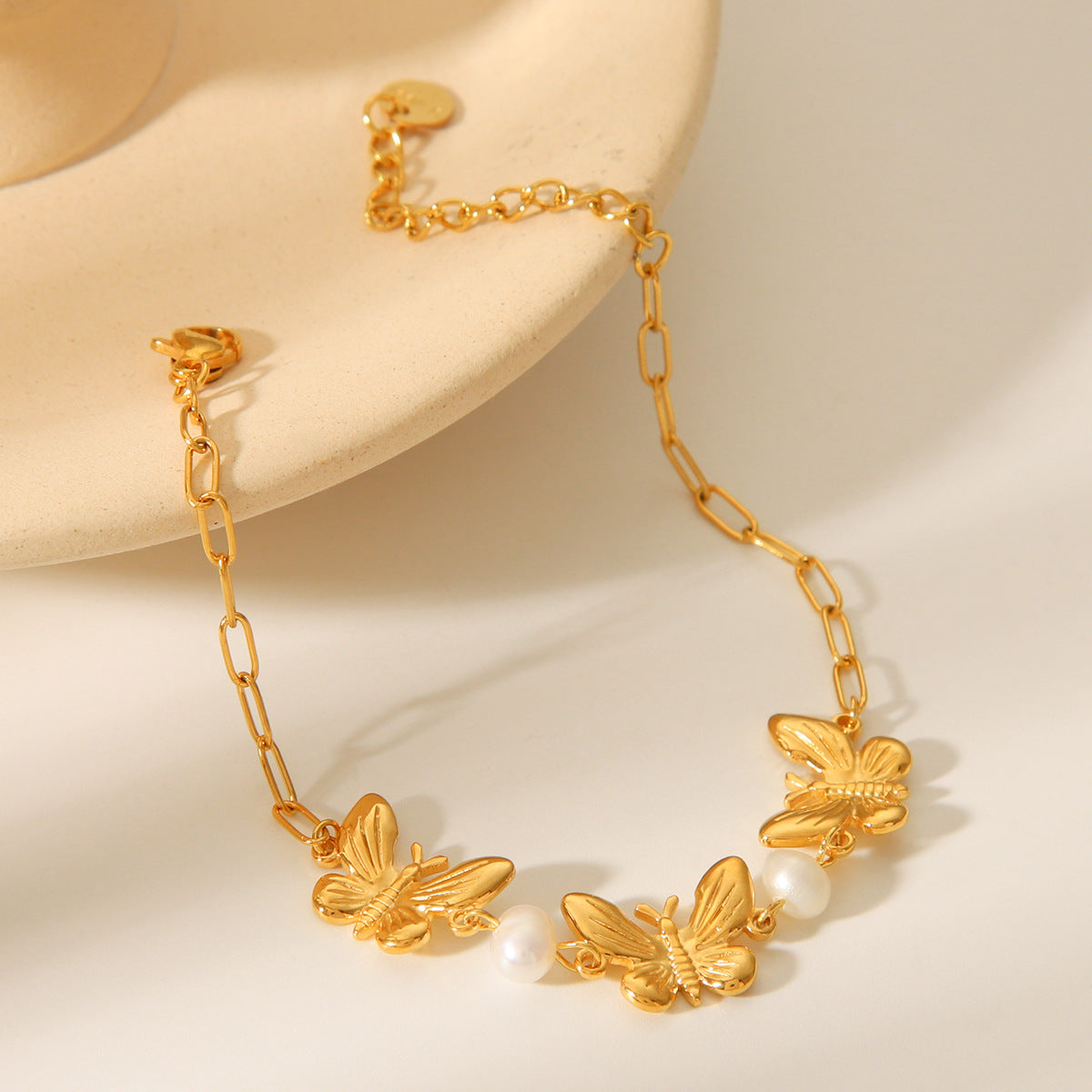 Stainless Steel Buckle Butterfly Pendant Necklace Female Temperament Butterfly Pearl Bracelet Butterfly Ring