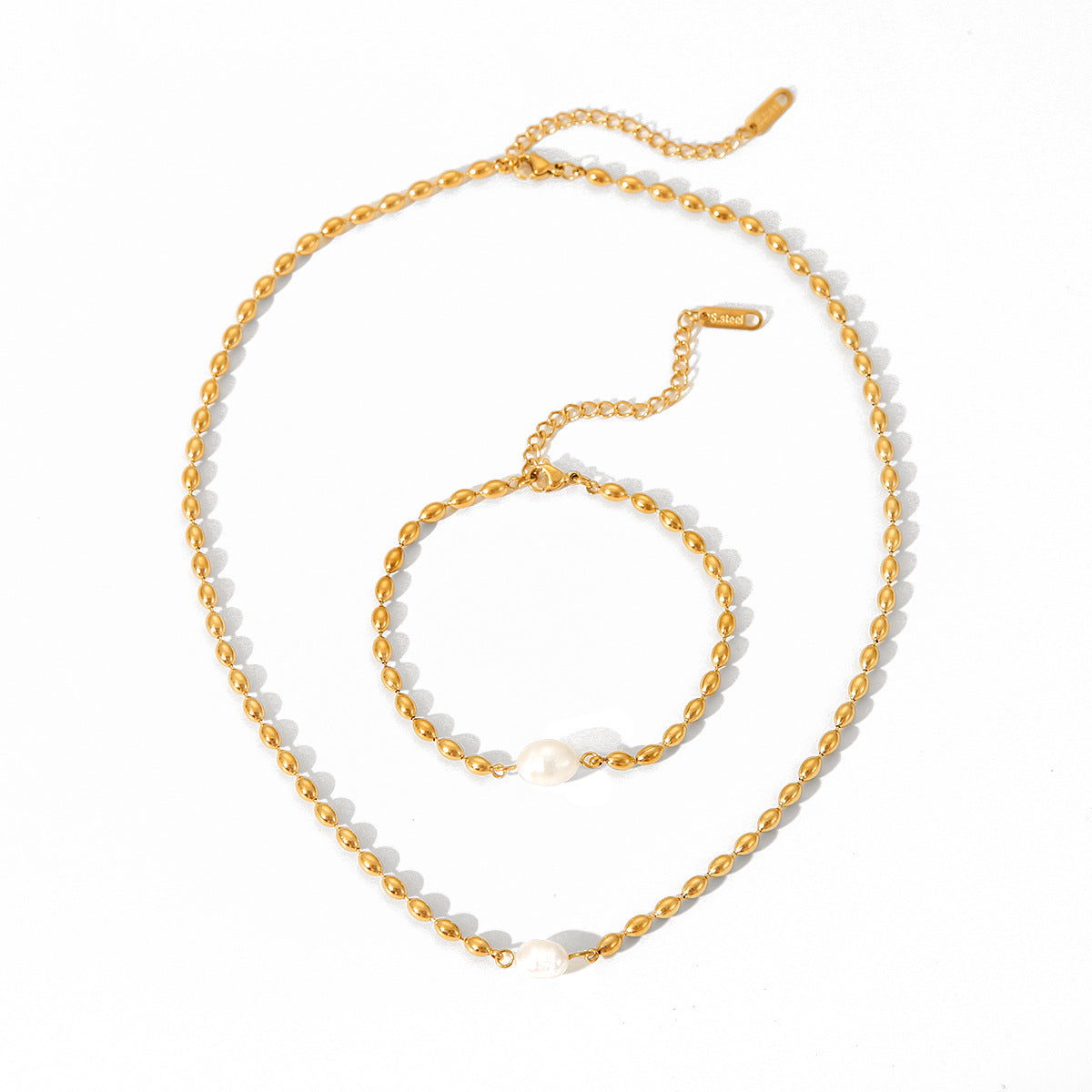 French natural freshwater pearl oval gold bean necklace stainless steel bracelet titanium steel jewelry