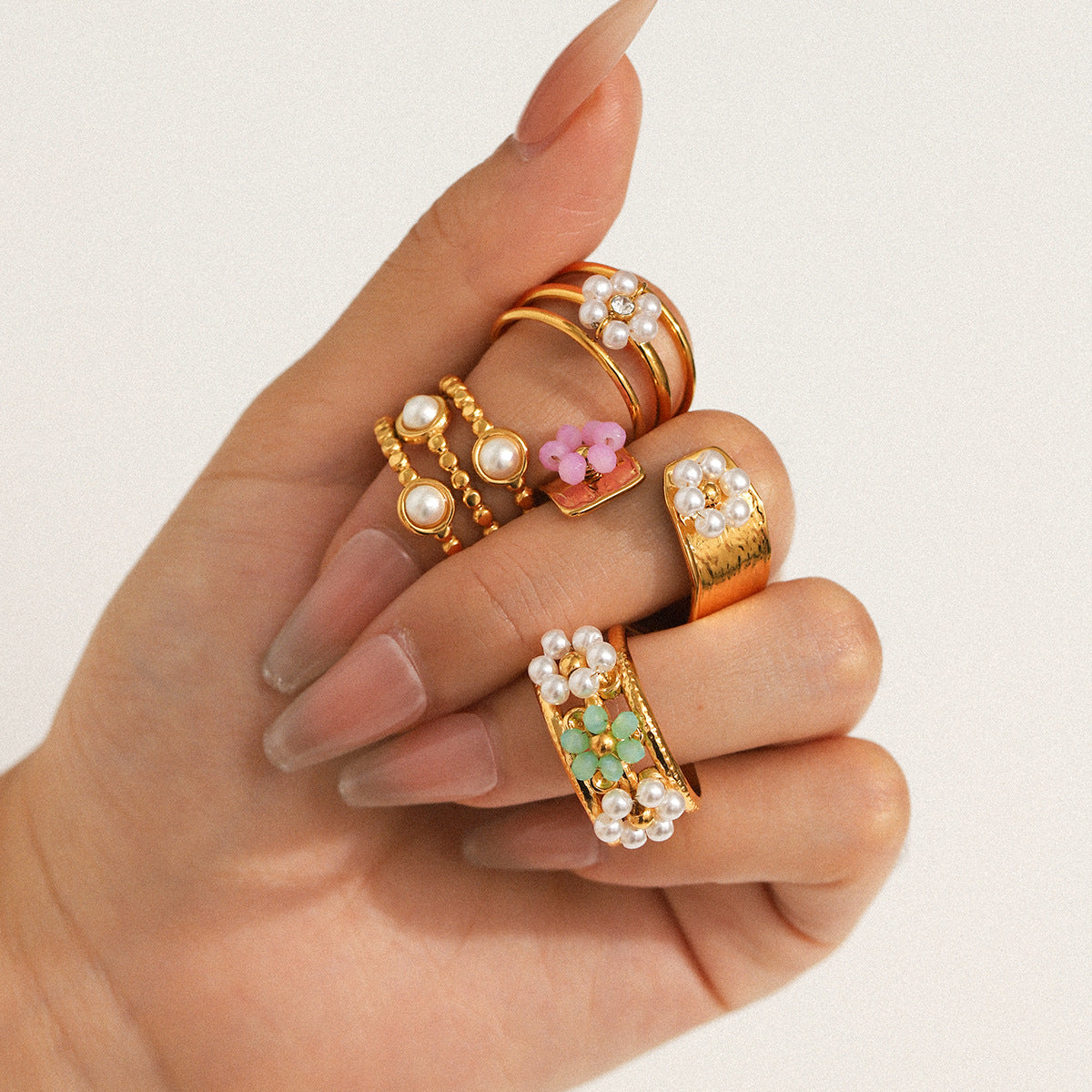Pearl Ring, Niche Design, Hand Jewelry, Titanium Steel Open Ring, Women's Non-fading Flower Stainless Steel Finger Ring