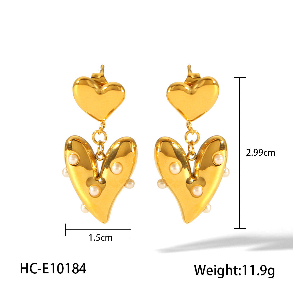 18k Gold-plated Stainless Steel Heart-shaped Earrings for Women, Fashionable and High-end, Heart-shaped Titanium Steel Pearl Earrings