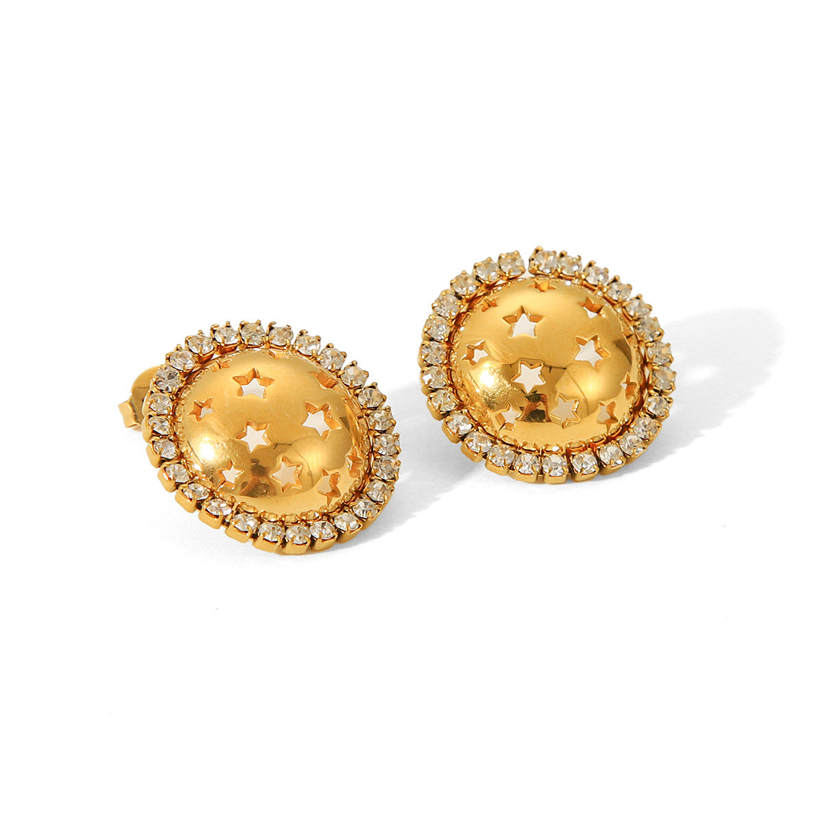 18K Gold Stainless Steel Round Star-shaped Hollow-out Diamond-encrusted Earrings with Niche Design for Women