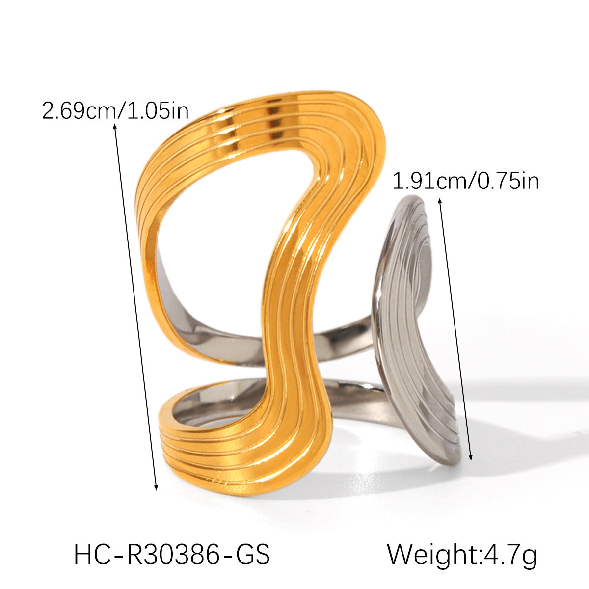 Ins-style Exaggerated Personality Stainless Steel 18K Gold-plated Ring for Women, Titanium Steel, Non-fading, High-end Hand Jewelry