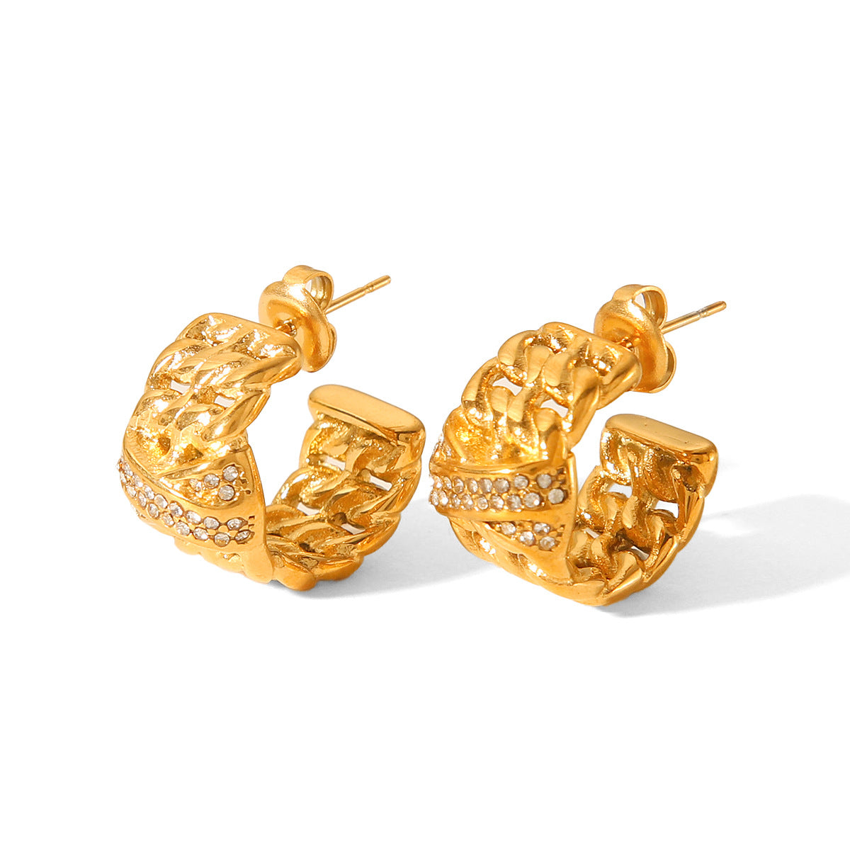 18k Gold Stainless Steel Earrings with Multi-layer Chain Splicing and Diamond Studded Design, C-shaped Titanium Steel Earrings