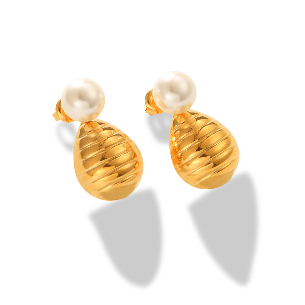 18k Gold Stainless Steel Textured Water Droplet Shaped Earrings, Women's Pearl Earrings, Versatile Earrings with Temperament