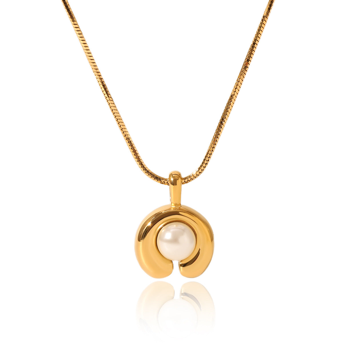 C-shaped 18K Gold Stainless Steel Pendant Necklace with Pearl Inlay, Women's High-end Necklace, Titanium Steel Necklace, Does Not Fade