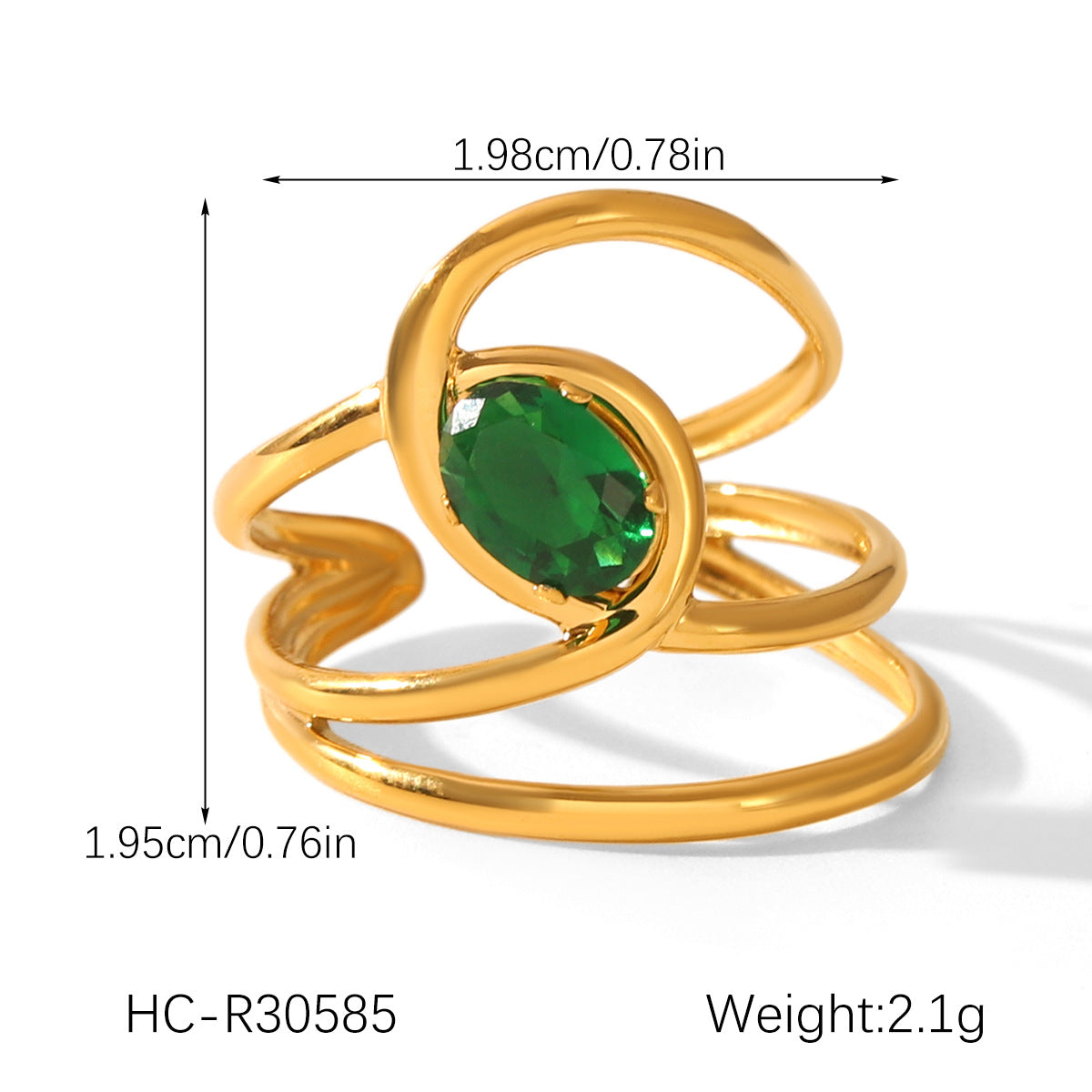 Stainless Steel Ring with Green Zircon Inlay for Women, Non-fading Titanium Steel Ring, Light Luxury and High-end Hand Jewelry