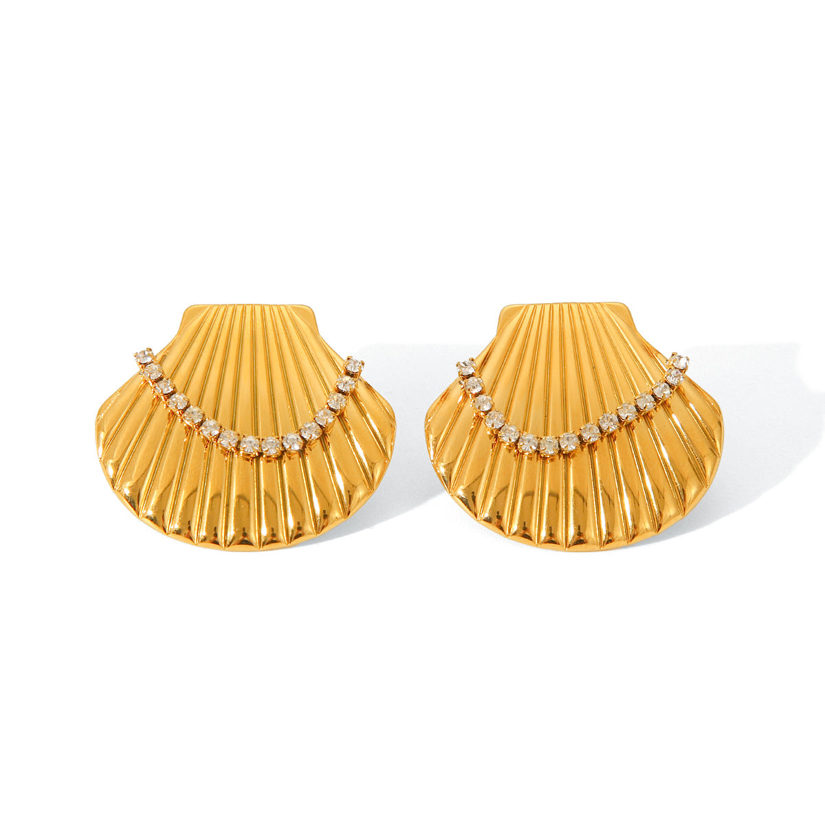 Marine titanium steel earrings, 18k gold-plated stainless steel scallop earrings, women's fashion diamond-encrusted earrings