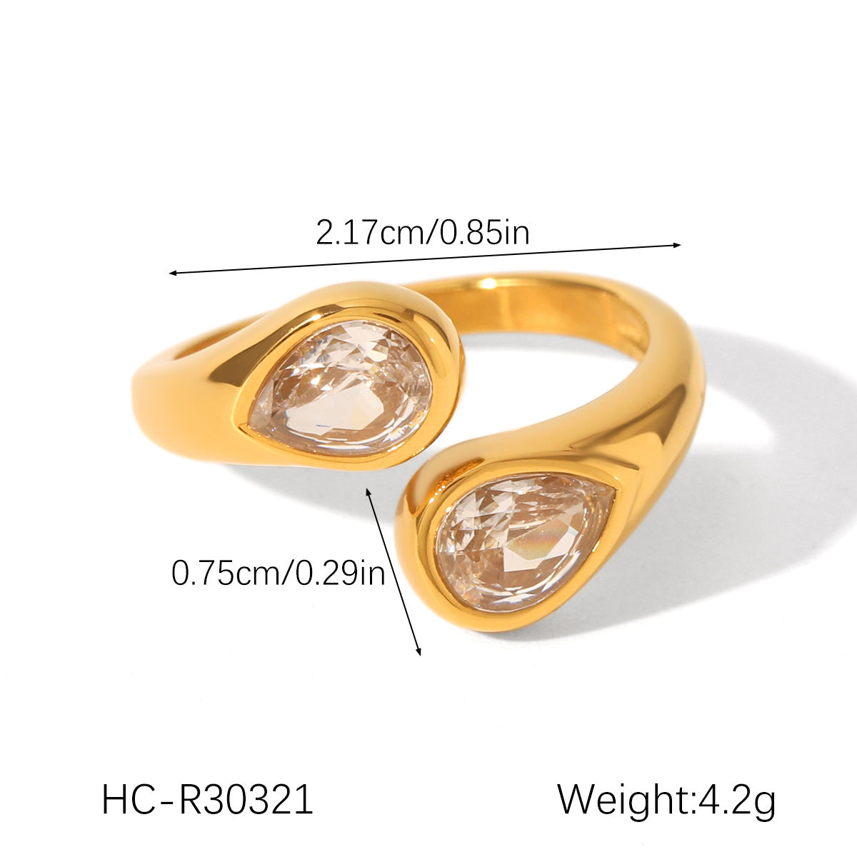 18K Gold Stainless Steel Open Ring Inlaid with Zircon, High-end, Non-fading, Finger Ring, Titanium Steel Jewelry