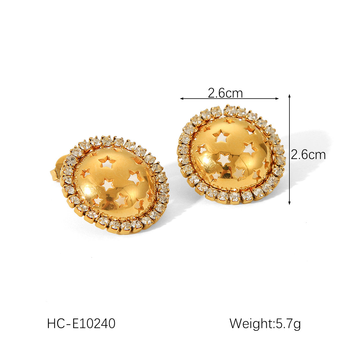 18K Gold Stainless Steel Round Star-shaped Hollow-out Diamond-encrusted Earrings with Niche Design for Women