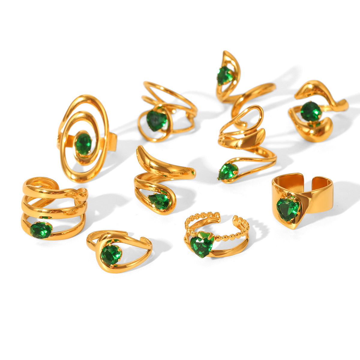 Stainless Steel Ring with Green Zircon Inlay for Women, Non-fading Titanium Steel Ring, Light Luxury and High-end Hand Jewelry