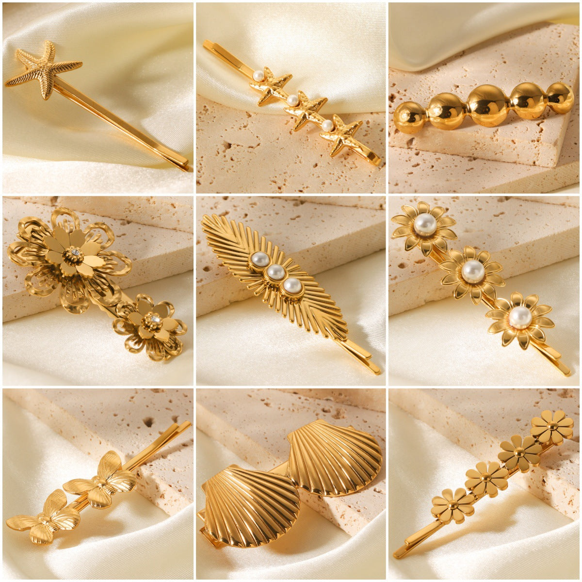 Stainless Steel Headwear Pearl Hairpin Ins Ocean Style Bang Clip 18K Gold Titanium Steel Flower Straight Clip