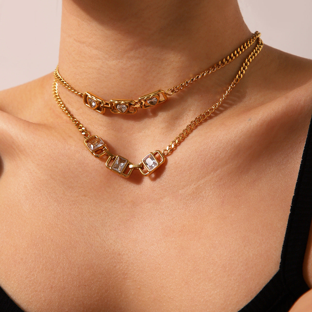 Stainless Steel Necklace Fashionable Vintage Square Inlaid Rhinestone Necklace Non-fading Jewelry for Women