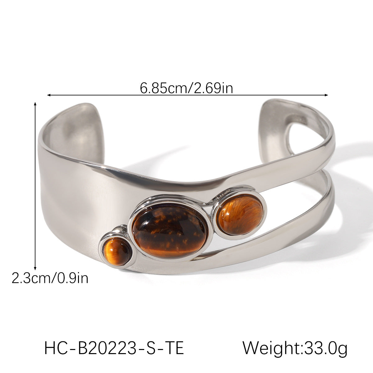 Women Stainless Steel Hollow-out Pearl Bracelet with Natural Tiger's Eye Stone, Open Bracelet, Vintage Style, Titanium Steel Jewelry
