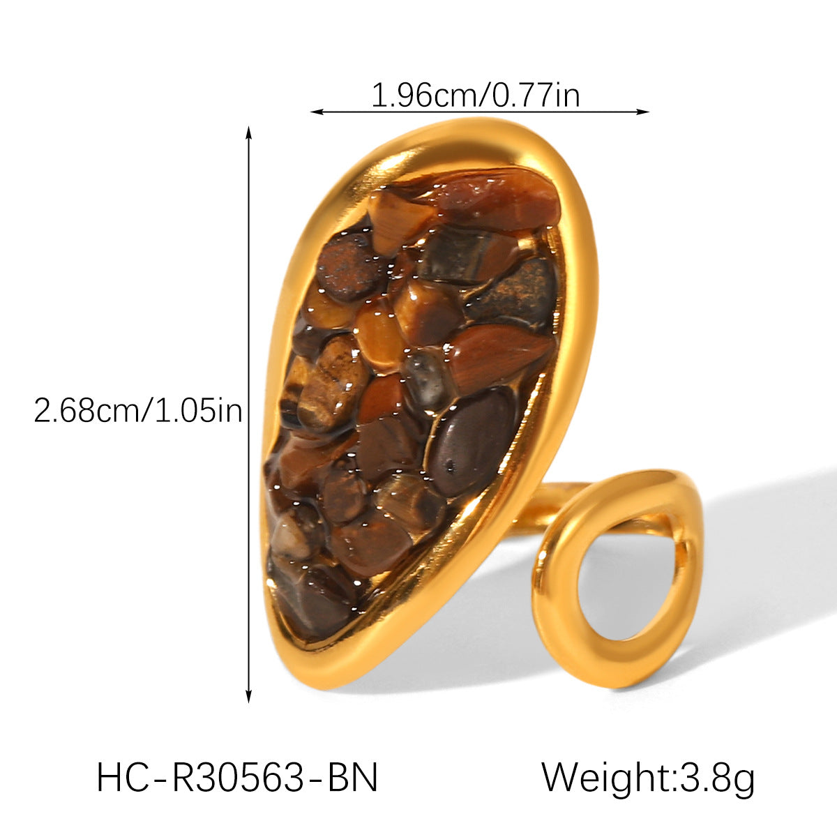 French vintage natural stone stainless steel ring for women, non-fading jewelry, versatile niche design, titanium steel open ring