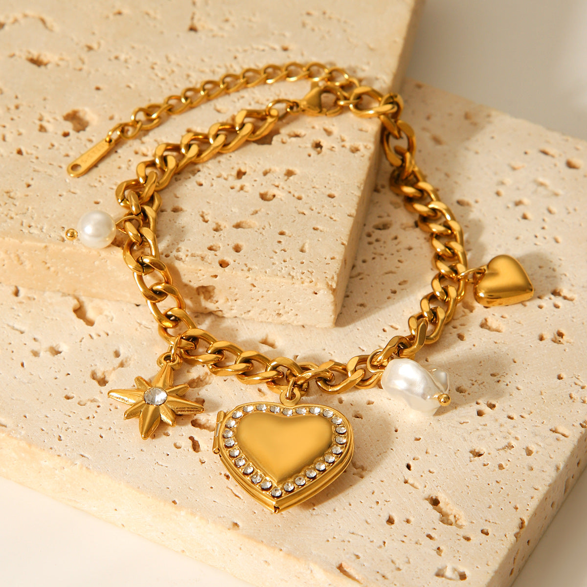 Ins-style Cuban Chain Diamond-encrusted Heart-shaped Eight-pointed Star Pendant Stainless Steel Bracelet Personalized Fashion Titanium Steel Jewelry