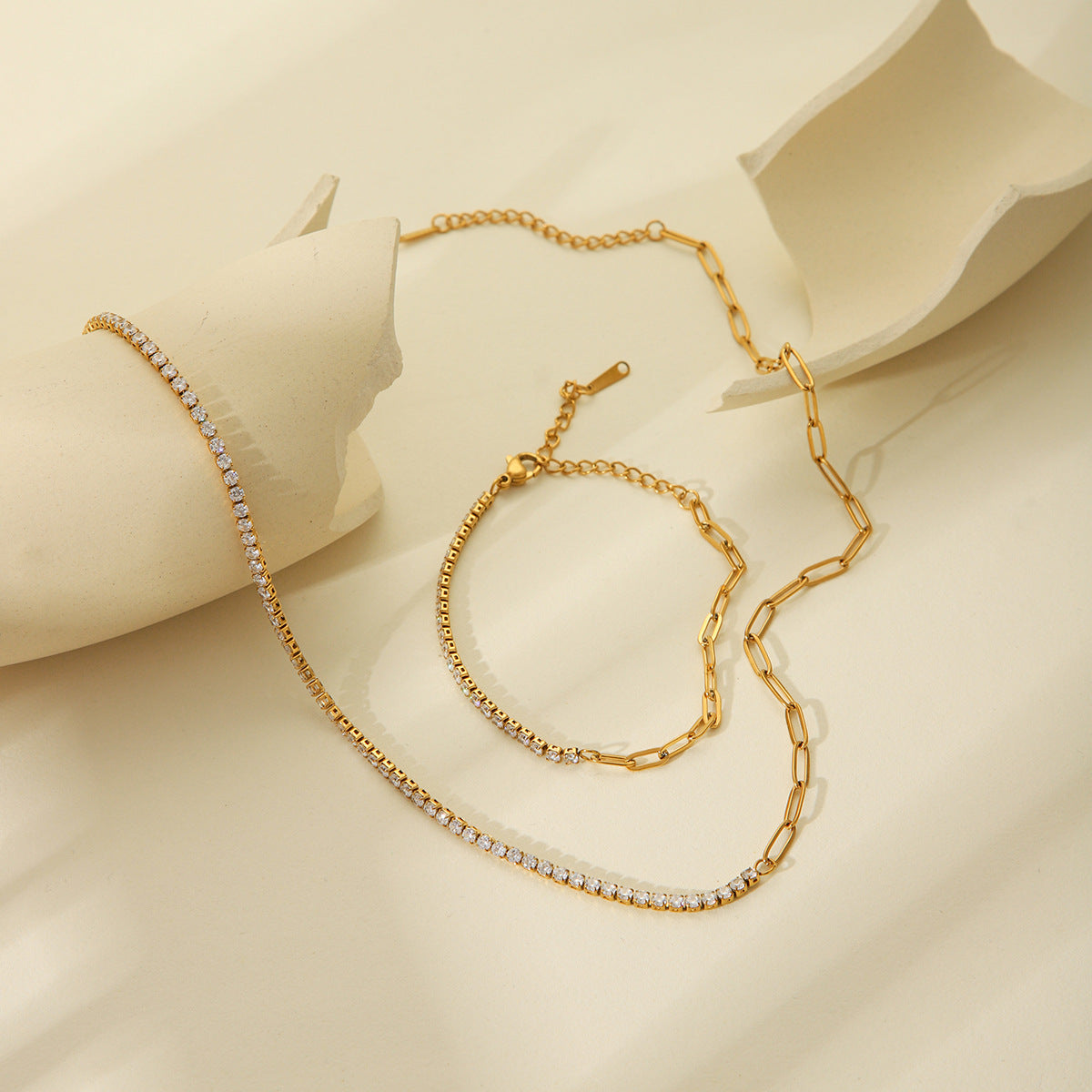 Stainless Steel Zircon Bracelet with INS Style, Light Luxury and High-end Feel, 18k Gold Titanium Steel Claw Chain Necklace, Does Not Fade