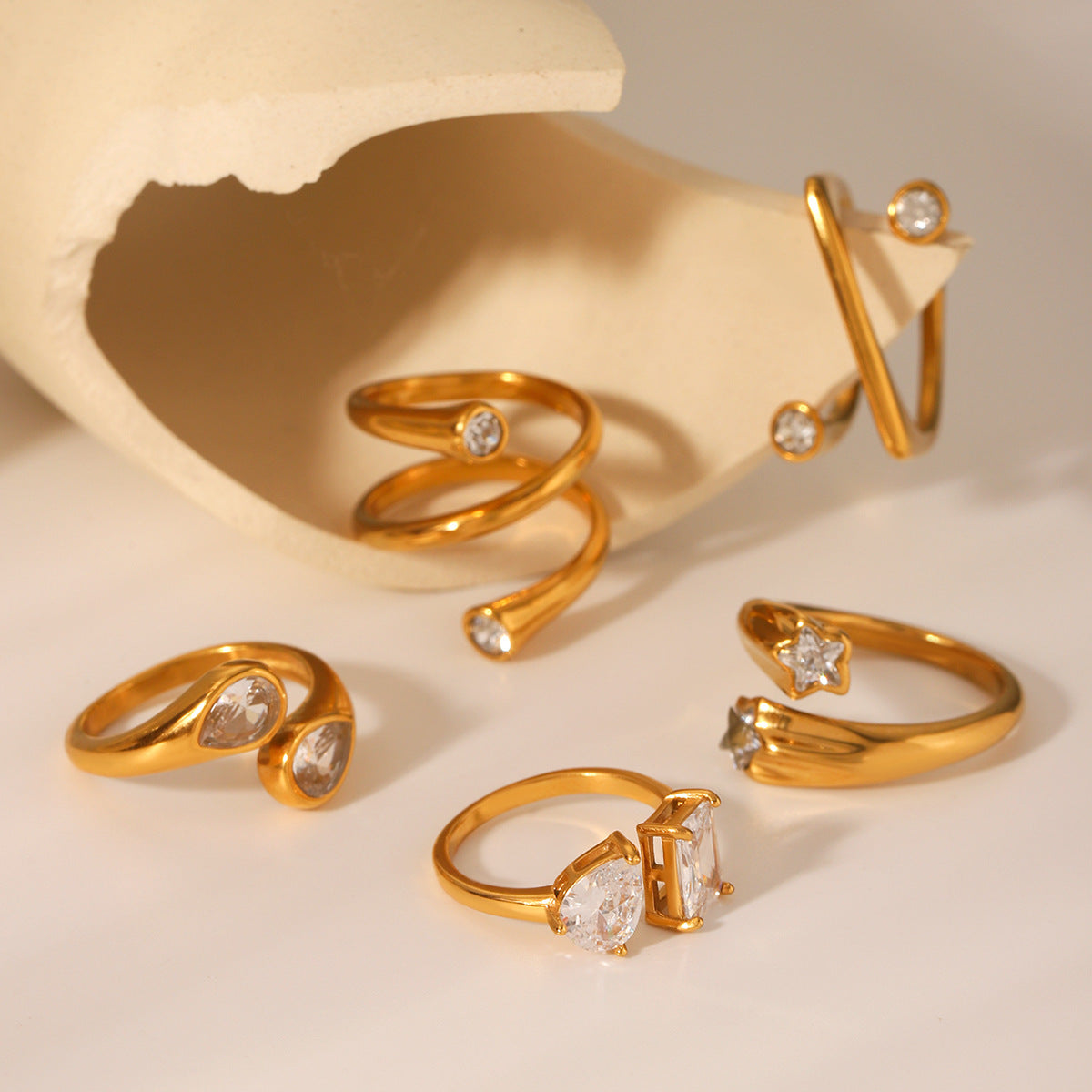 18K Gold Stainless Steel Open Ring Inlaid with Zircon, High-end, Non-fading, Finger Ring, Titanium Steel Jewelry
