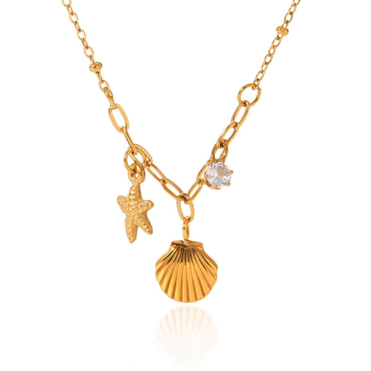Women's Stainless Steel Starfish Shell Zircon Pendant Necklace, Niche Design, Ocean Style, Titanium Steel Clavicle Chain,