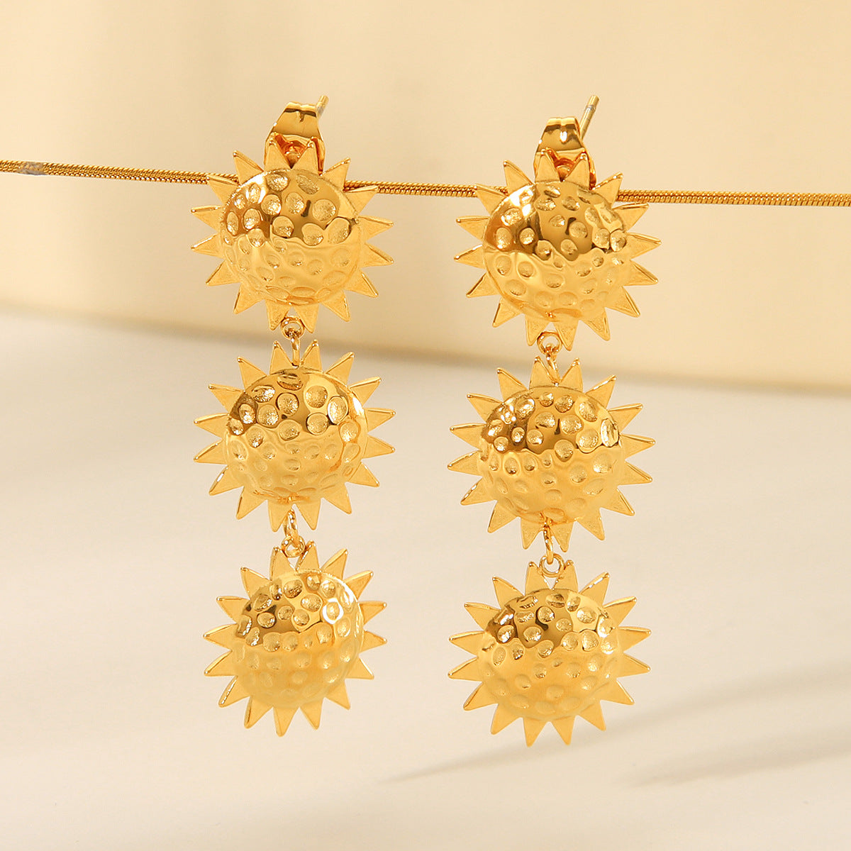 Personalized Trendy 18k Gold Stainless Steel Hammered Sunflower Pendant Earrings, High-end Ear Jewelry