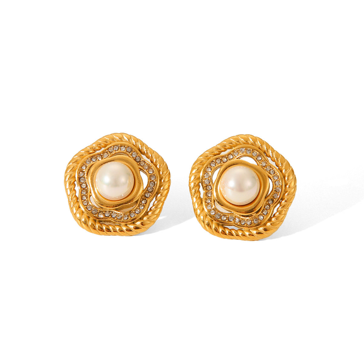 French-style Vintage 18k Gold Stainless Steel Earrings with Diamond-encrusted Flowers, Elegant and Luxurious Pearl Earrings for Women