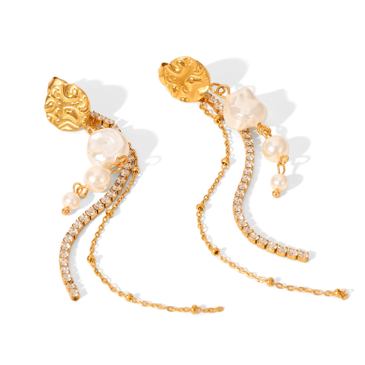 Stainless Steel Earrings with Zircon Chain, Imitation Pearl Tassel, Niche Design, Titanium Steel Earrings