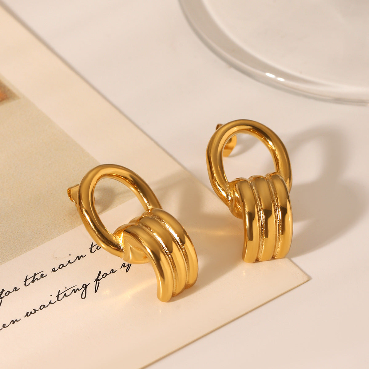 Elegant 18K Gold Stainless Steel Geometric Hollow-out Earrings, Temperament Ear Studs