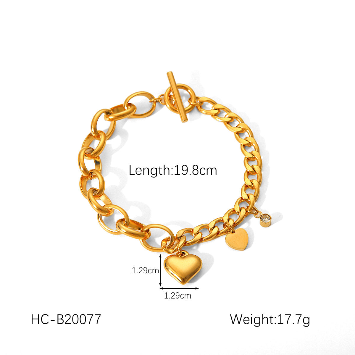 Fashionable Cuban Chain Oval Chain Zircon Heart Pendant OT Buckle Bracelet 18K Gold-plated Stainless Steel Bracelet