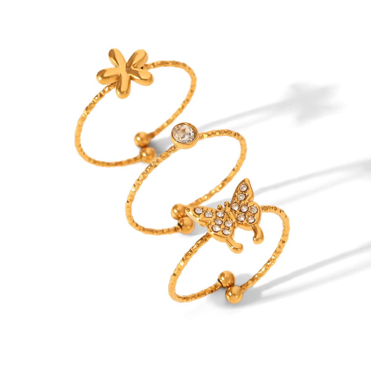 Stainless Steel Flower and Butterfly Ring Set with Diamond-encrusted Open Ring for Women, Non-fading, Stackable Finger Rings