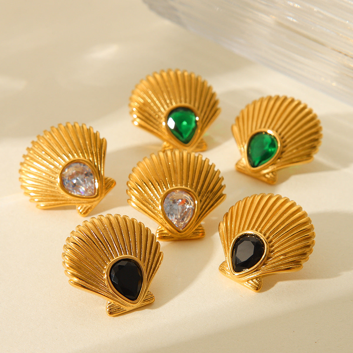 18K Gold Stainless Steel Scallop Earrings with Zircon, Women's Light Luxury, Easy-matching Earrings, Marine Titanium Steel Earrings