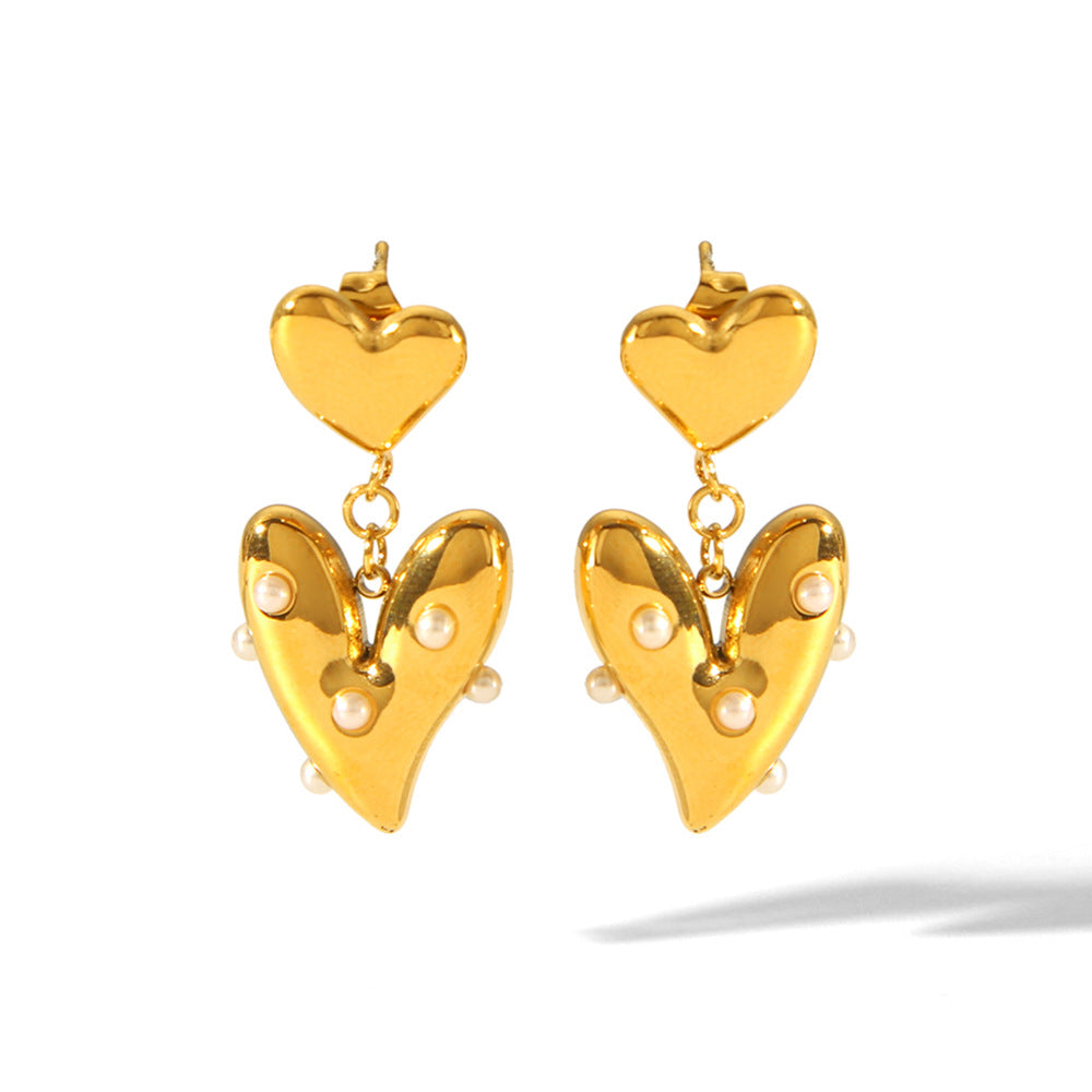 18k Gold-plated Stainless Steel Heart-shaped Earrings for Women, Fashionable and High-end, Heart-shaped Titanium Steel Pearl Earrings