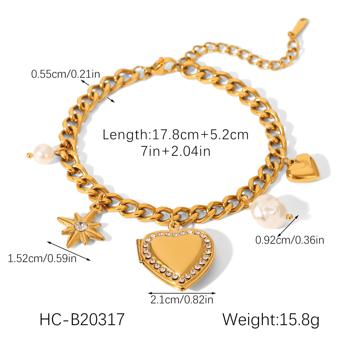 Ins-style Cuban Chain Diamond-encrusted Heart-shaped Eight-pointed Star Pendant Stainless Steel Bracelet Personalized Fashion Titanium Steel Jewelry