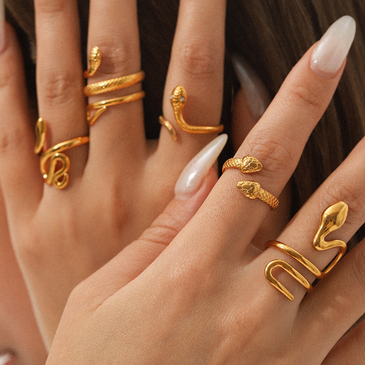 18K Gold Stainless Steel Snake Ring, Light Luxury Style, Titanium Steel, Flexible Snake-shaped Opening, Non-fading, Hand Jewelry