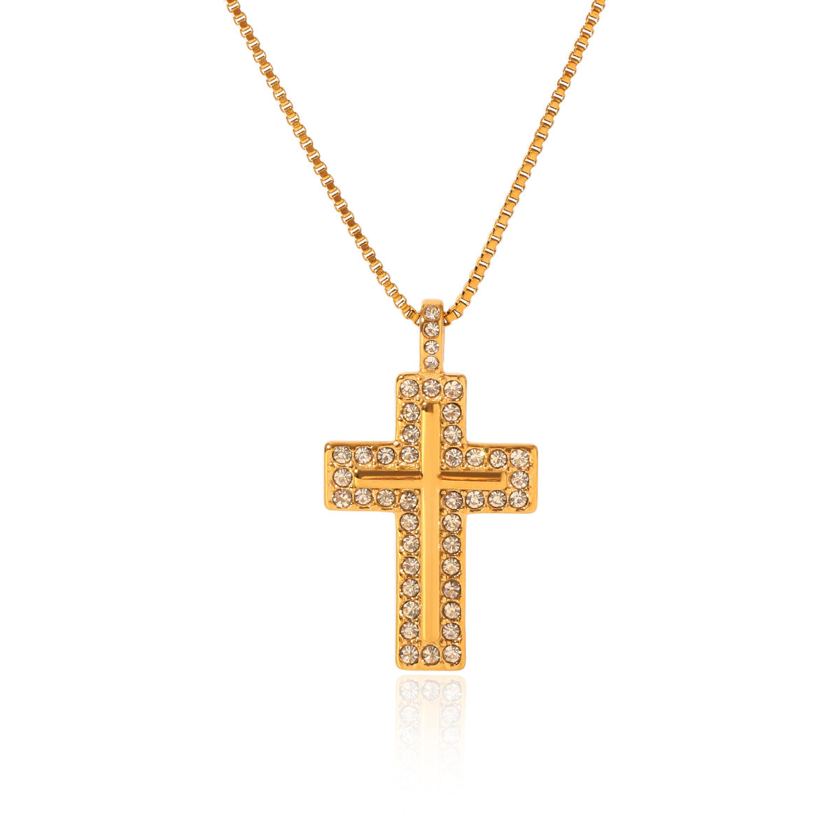 18K Gold Stainless Steel Box Chain Cross Diamond Pendant Necklace Does Not Fade, Elegant Titanium Steel Clavicle Chain