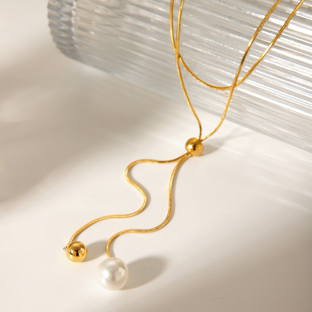 Stainless Steel Long Stretch Pearl Necklace, High-end Round Bead Snake Bone Design, Adjustable Sweater Chain for Women