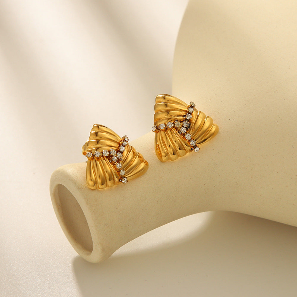 Fashionable Trendy 18k Gold Stainless Steel Earrings with A Woven Texture Design, Diamond-encrusted Earrings Studs, and Titanium Steel Earrings