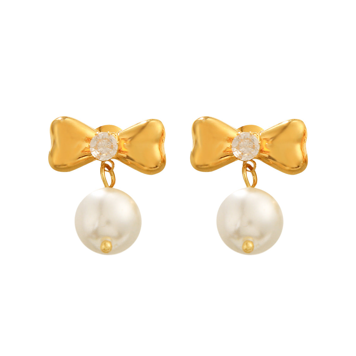 Stainless Steel Zircon-inlaid Bowknot Earrings, Titanium Steel Earrings, Women's Fashionable and Versatile Pearl Earrings