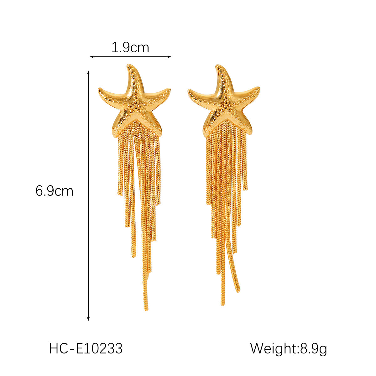 18k Gold Stainless Steel Starfish Earrings with Chain and Tassel, Fashionable and Versatile Titanium Steel Earrings