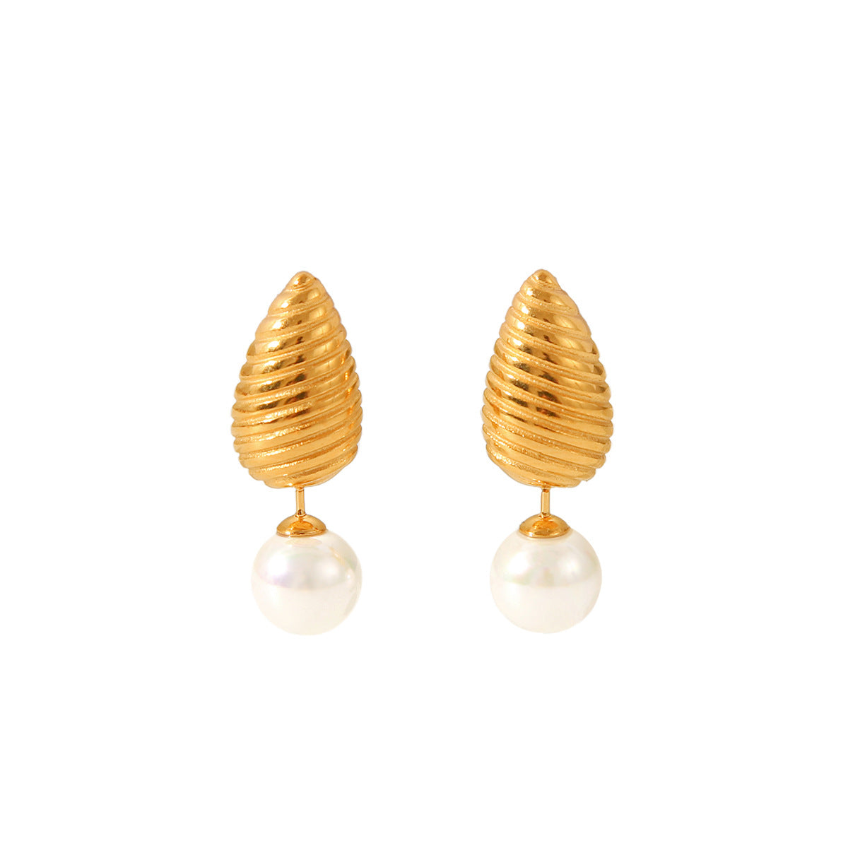 Pearl Earrings, Drop-shaped Threaded Stud Design, 18k Gold Stainless Steel Earrings for Women